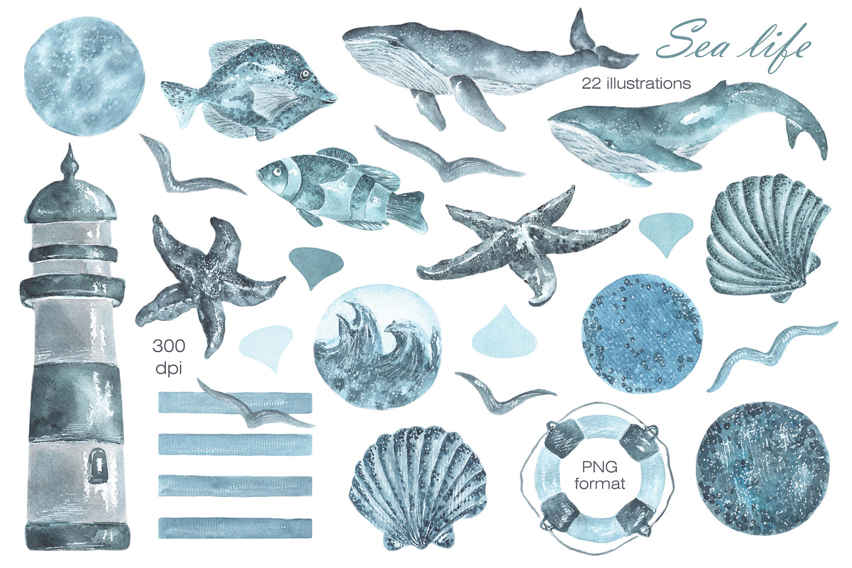 Sea life watercolor set. Nautical., an Illustration by SabinaWatercolorArt (Photo 2 of 13)