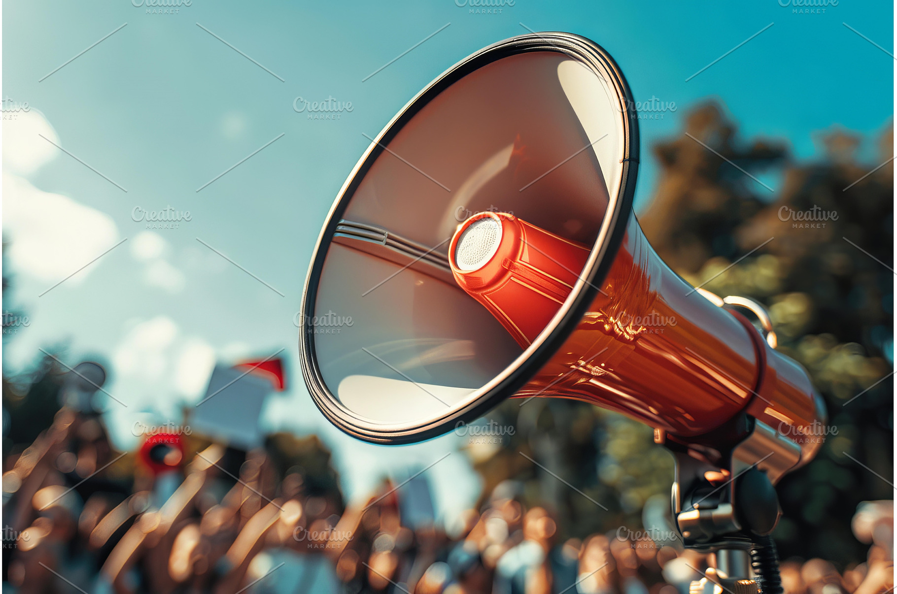 Red megaphone addressing a crowd of, an Abstract Photo by Ylivdesign