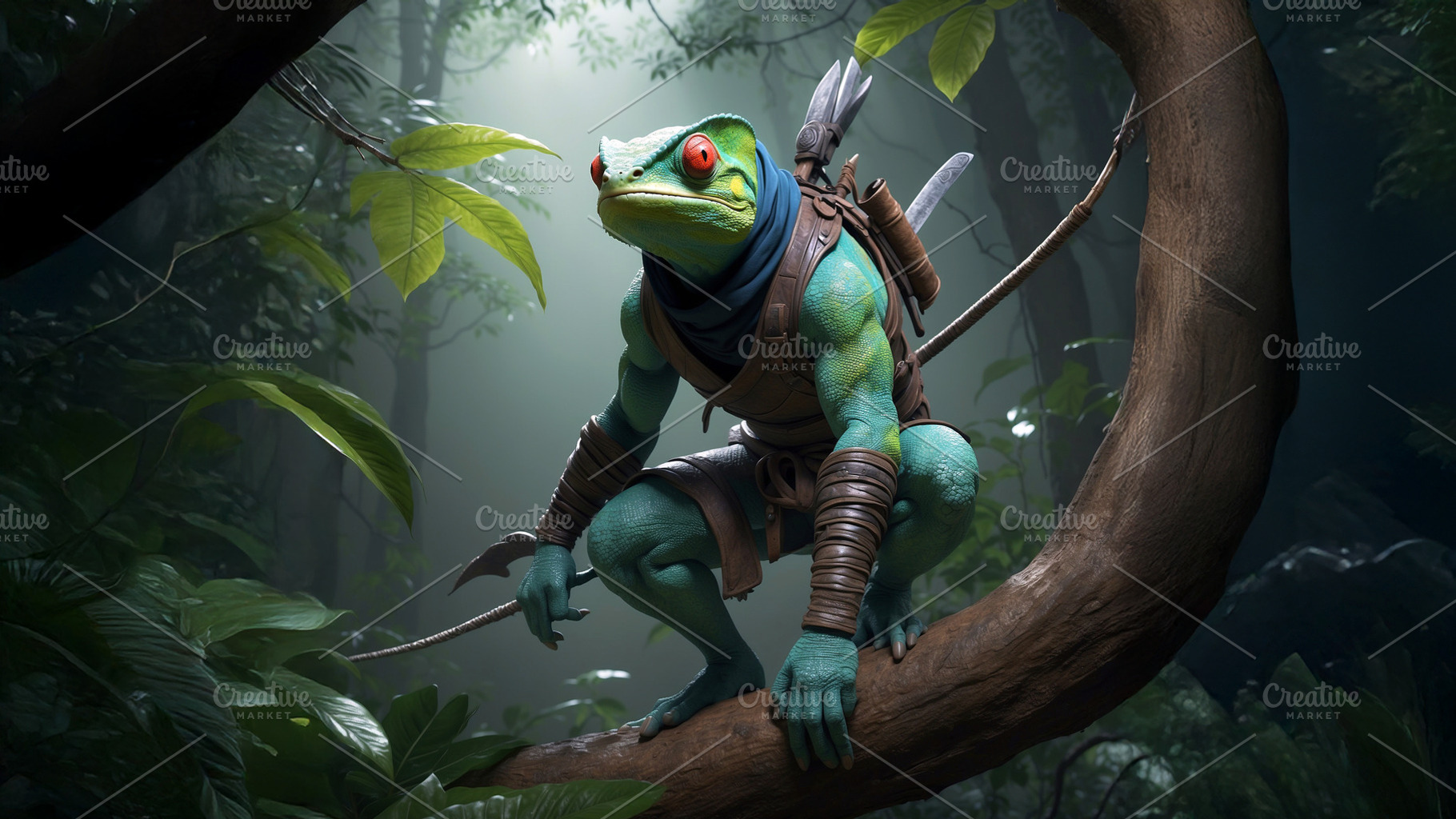 Humanoid Frog Warrior in Jungle, a Photo by Stock Shape