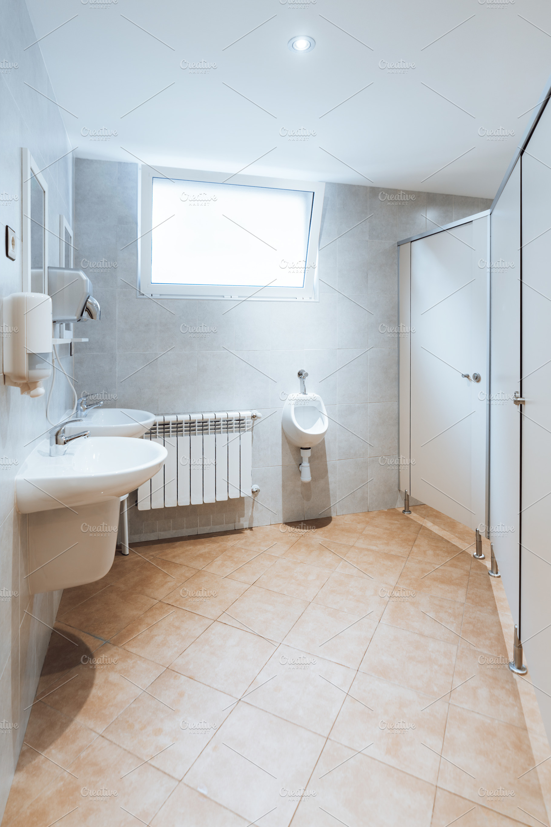 Clean restroom interior wide angle, an Architecture Photo by SkyNext