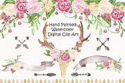 Antler Floral watercolor cliparts, an Illustration by burlapandlace (Thumbnail 1 of 2)