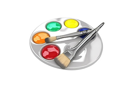 art palette with paint and brushes isolated on white background., an Arts & Entertainment Photo by Ales Munt