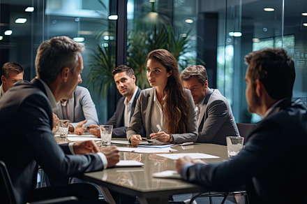 Group of businessmen and women sitti, a Photo by SaroStock