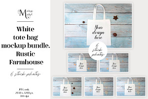 6 White tote bag mockup bundle.