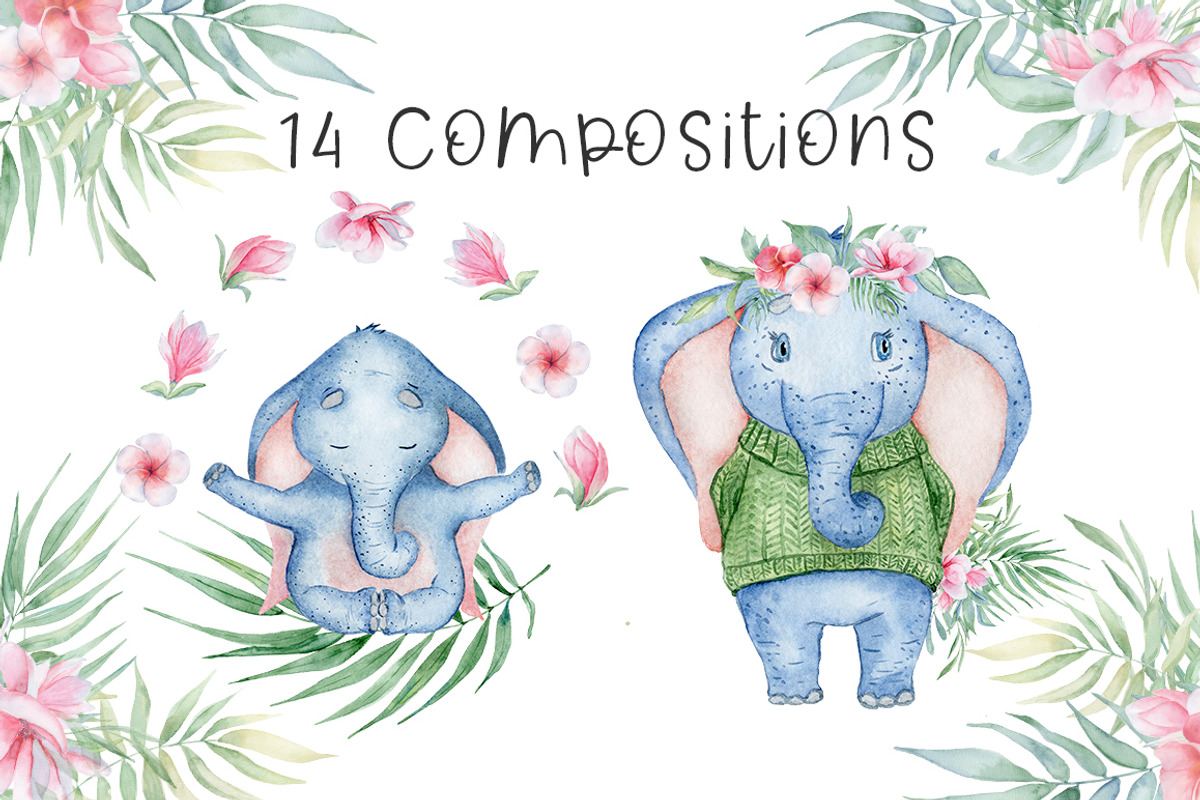Lovely Elephants Watercolor set, an Animal Illustration by Evgeniia