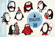 Christmas penguins. Engraving style, an Animal Illustration by Alena Kaz (Thumbnail 1 of 4)