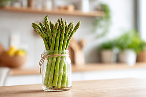 Ripe asparagus standing upright in a glass jar on a wooden kitchen table, a Food & Drink Photo by AlyaAnd