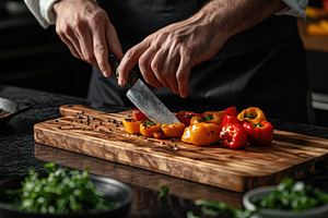 Chef preparing a colorful bell peppe, a Photo by Pixeness Studio