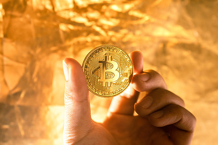 Bitcoin coins in hand in front of the computer, a Business Photo by Art Rachen