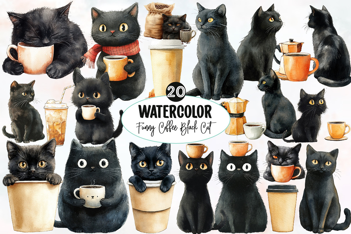Funny Coffee Black Cat Clipart, an Illustration by Designworld (Photo 1 of 6)