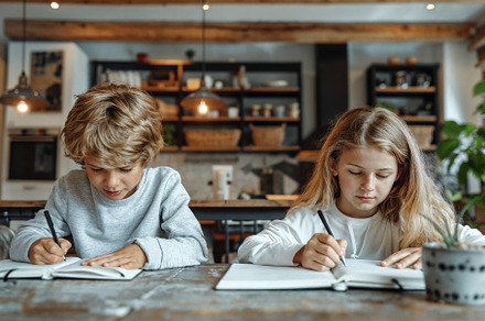 Children doing homework at home. Generative AI, a School & Education Photo by OSORIOartist