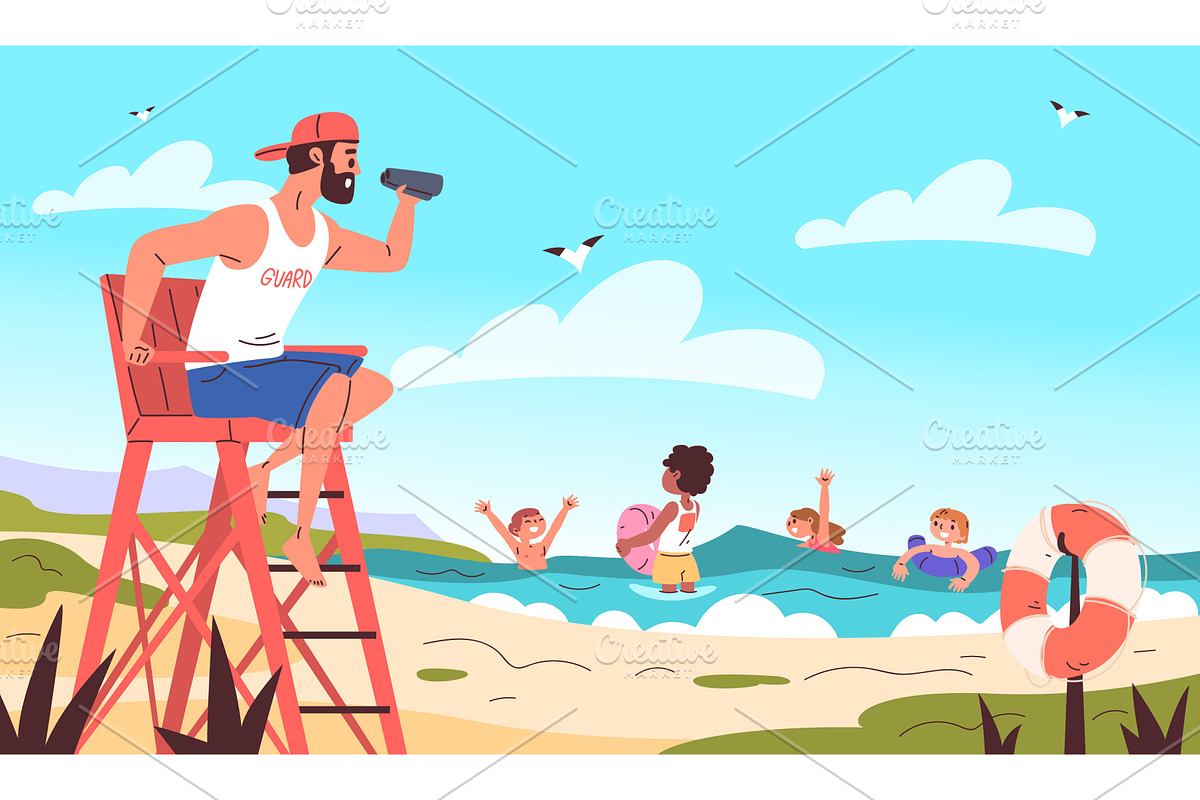 Swimming children lifeguard. Beach, an Illustration by Stock-Smart-Start