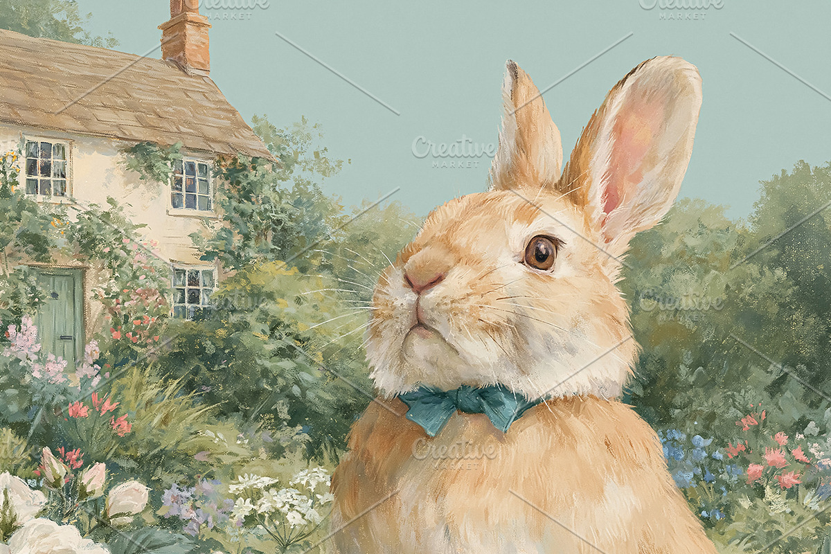 Rabbit looking up while wearing a bow tie, sitting among white r, an Illustration by Studio ANNA