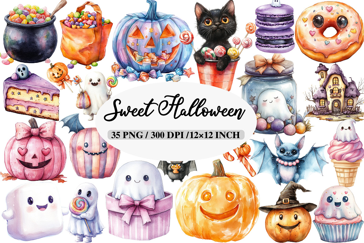 Watercolor Sweet Halloween Clipart, an Illustration by Daily.Designs (Photo 1 of 5)