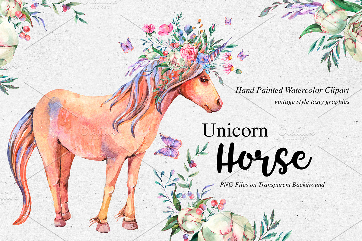 Watercolor Horse Unicorn Clipart, an Animal Illustration by Belusuab (Photo 1 of 18)