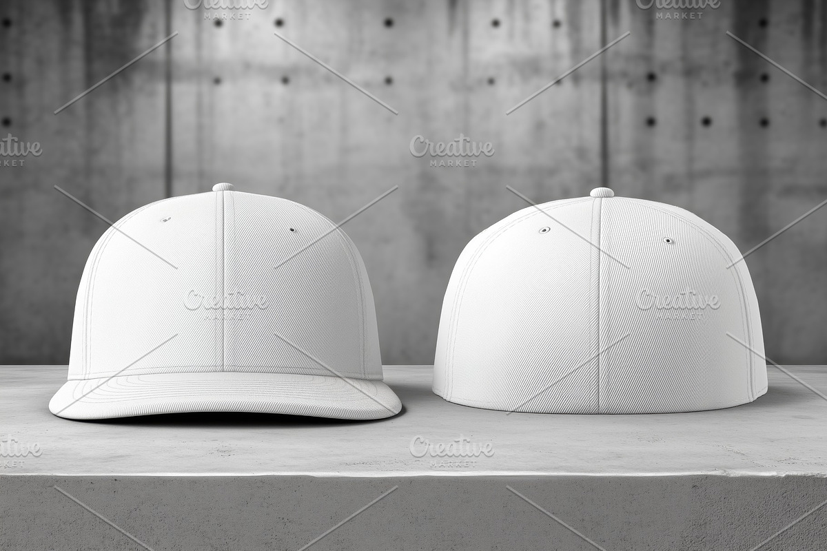 Two white baseball caps mockup on a concrete surface, showcasing front and back, a Hat Mockup by Textures & Backgrounds