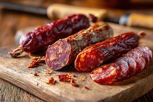 Exploring the rich flavors of assorted smoked sausages on a wooden board, a Food & Drink Photo by AlyaAnd