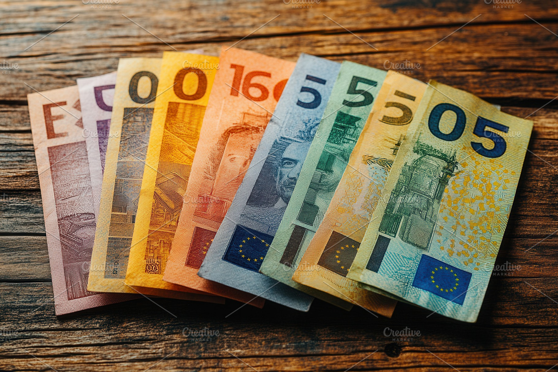 European currency notes laid out on, a Photo by Tanuart
