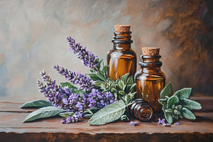 Essential oils, sage & purple flower, a Photo by Pavel_design