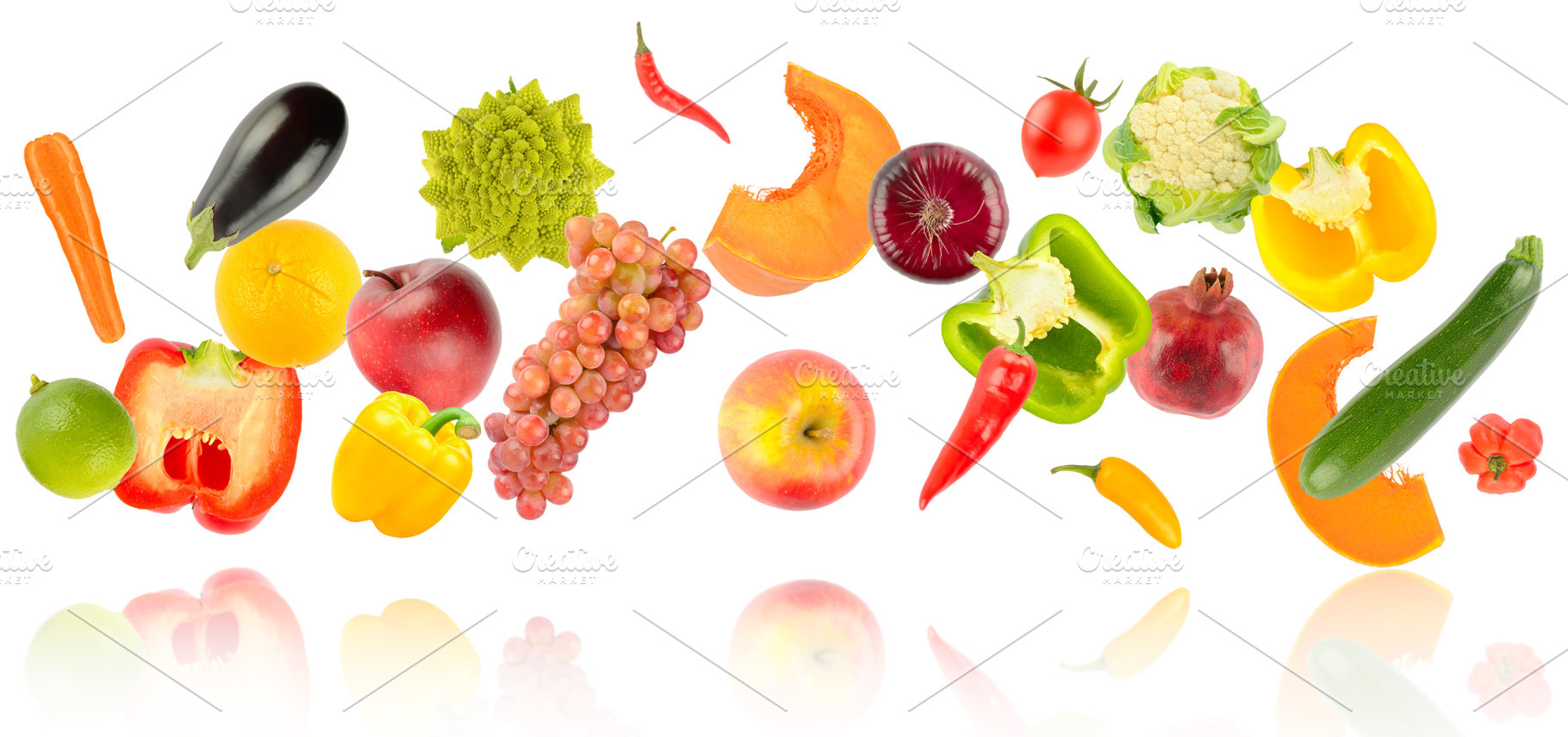 Falling colorful vegetables and fruits with light reflection iso, a Food & Drink Photo by Serg64