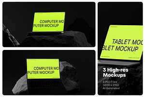 3 Computer Mockups on Dark Stone