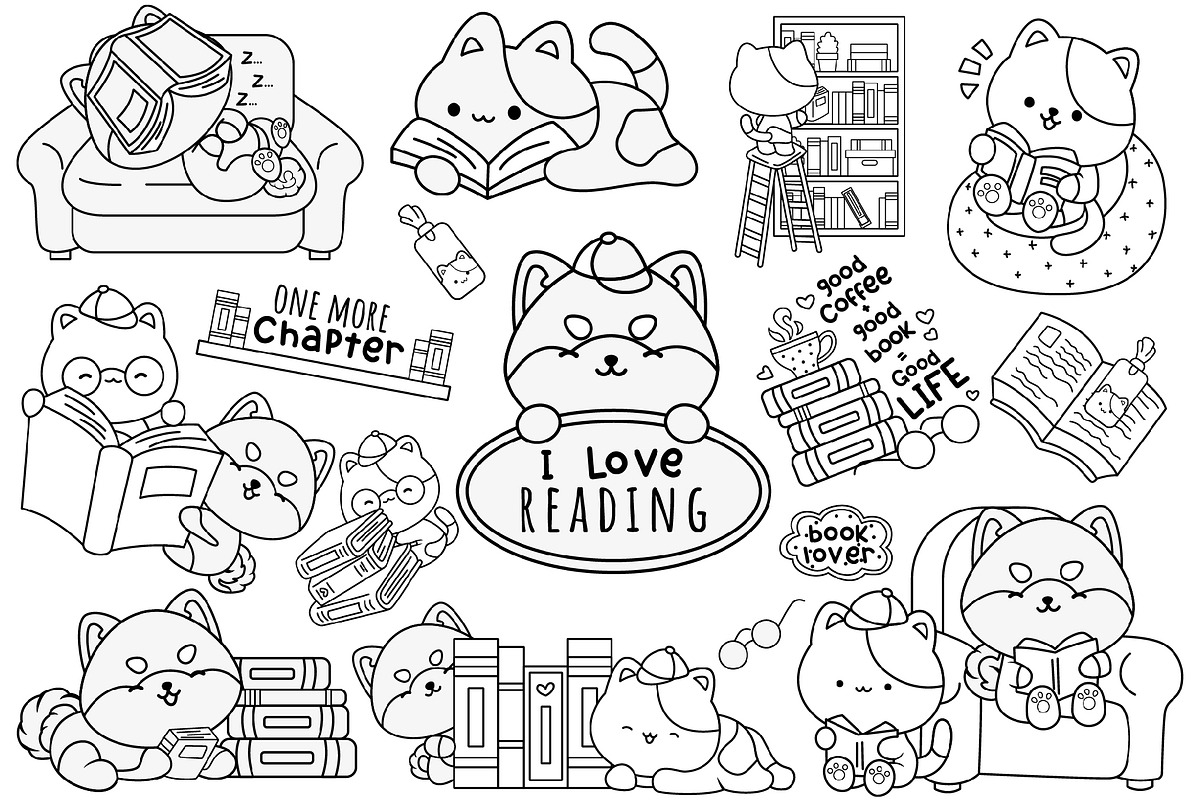 Dog and Cat Reading Clipart Coloring, an Animal Illustration by Inkley ...