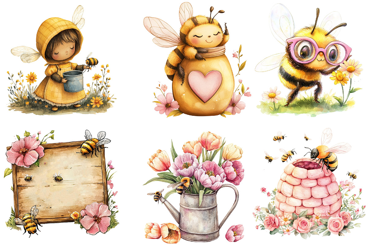 Pink Summer Bees Garden Clipart, an Illustration by Watercolor design (Photo 3 of 4)
