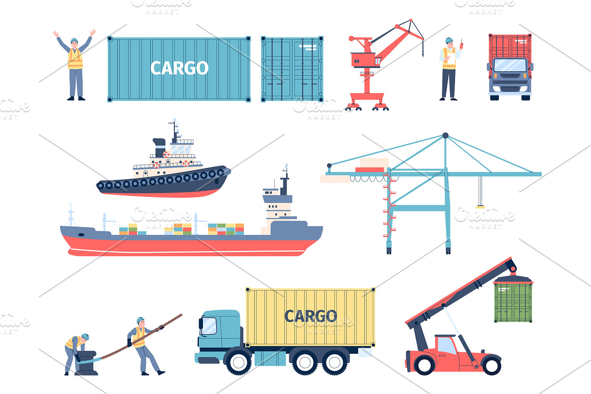Seaport flat elements. Cargo, an Illustration by LadadikArt