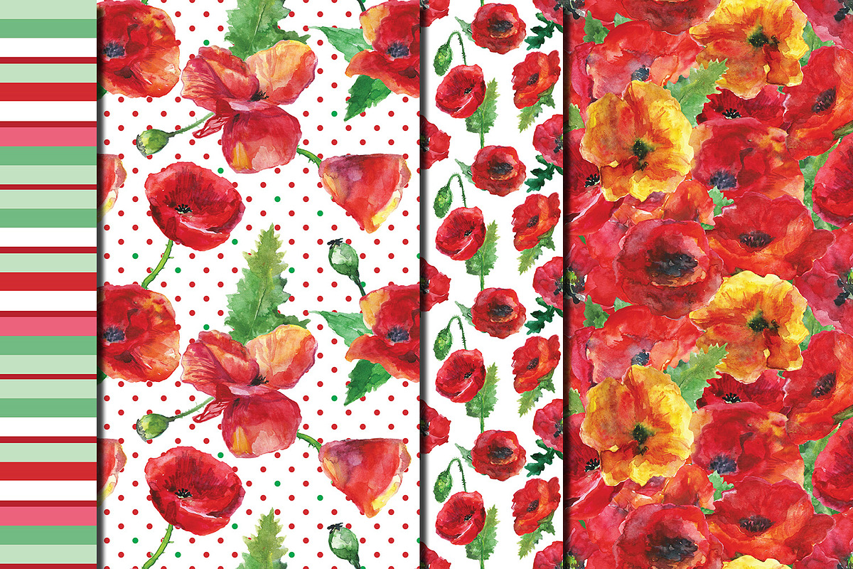 Watercolor Poppies patterns, a Pattern Graphic by DollyPotterson (Photo 5 of 6)