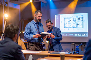 Jury and architects presenting projects and projections on scree, a Business Photo by DanFLCreativo