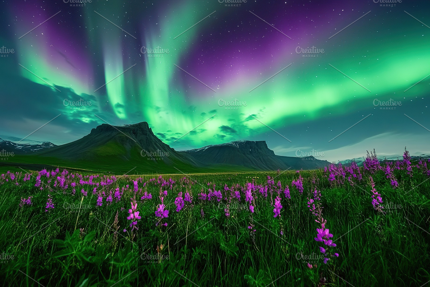 Northern lights illuminate a vibrant landscape with flowers under a starry sky, a Nature Photo by AlyaAnd