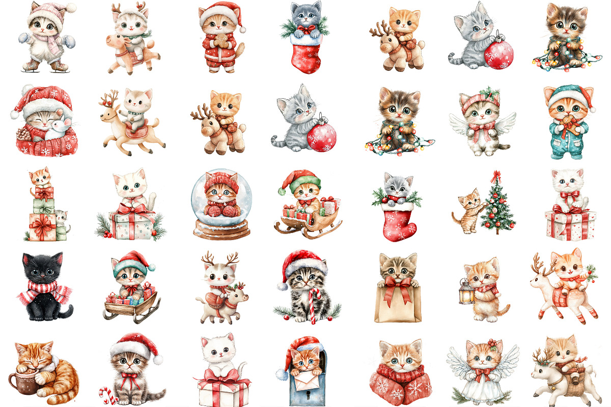 Watercolor  Kitten Christmas Clipart, an Illustration by Designking (Photo 2 of 4)