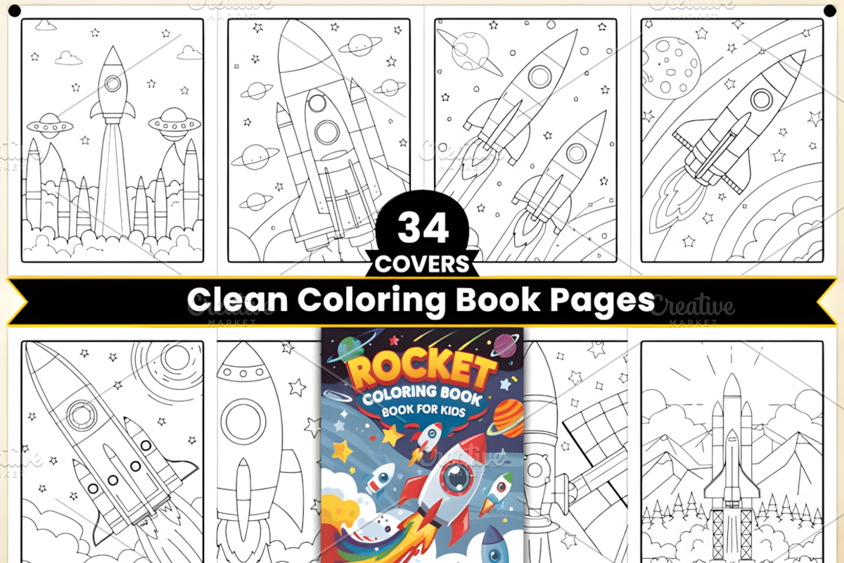 Rocket Coloring Pages for Kids, a Decorative Illustration by Ink Gallery (Photo 2 of 3)