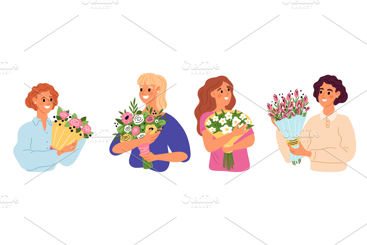 Joyful young women hold bouquets of, an Object Illustration by Vectorbuum