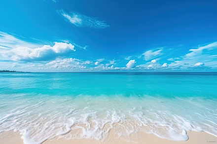 Illustrative of tropical beach with ocean, blue sky and white clouds. Generativ, a Nature Photo by AlyaAnd