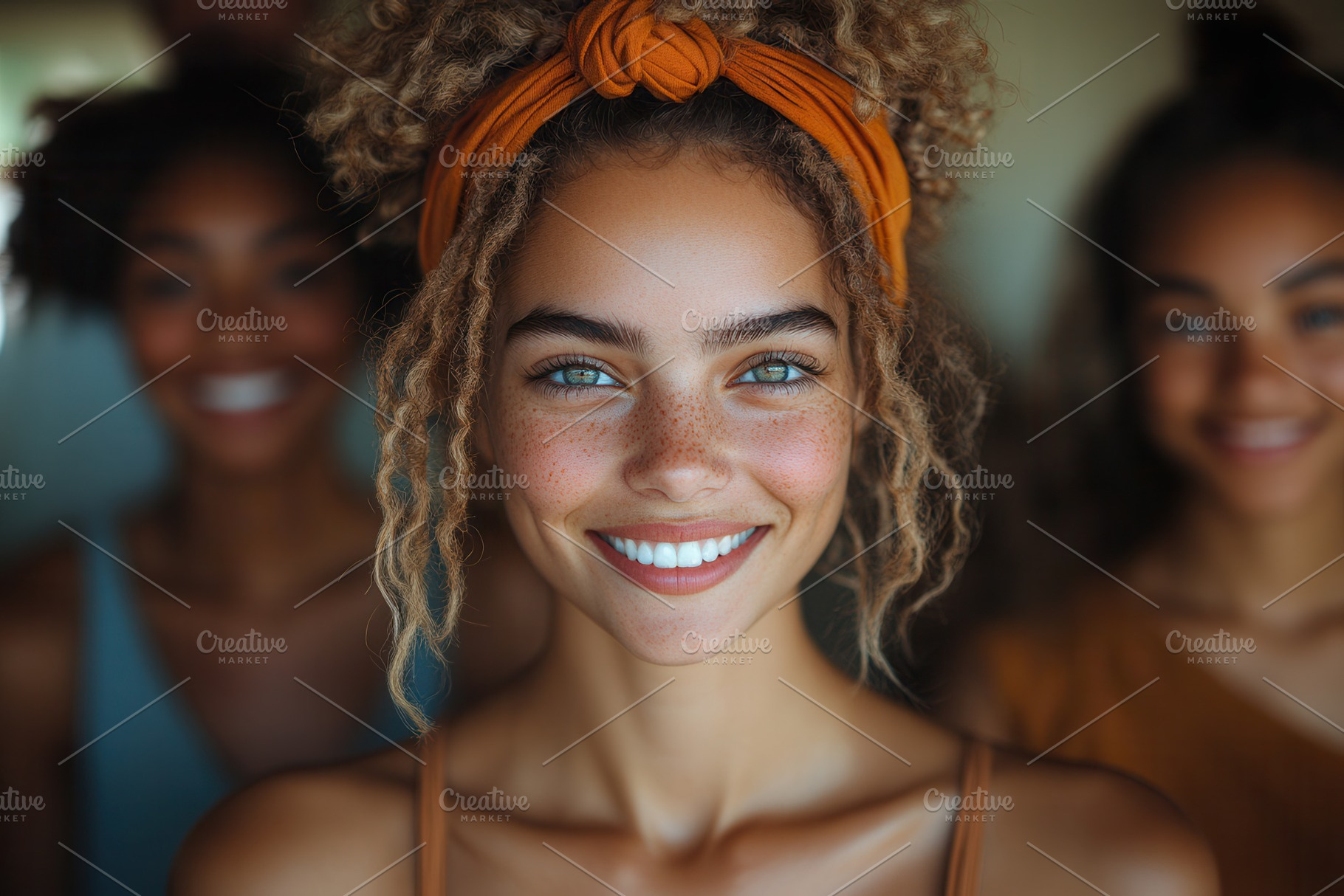 Smiling girl with curly hair and bri, a Photo by Tanuart