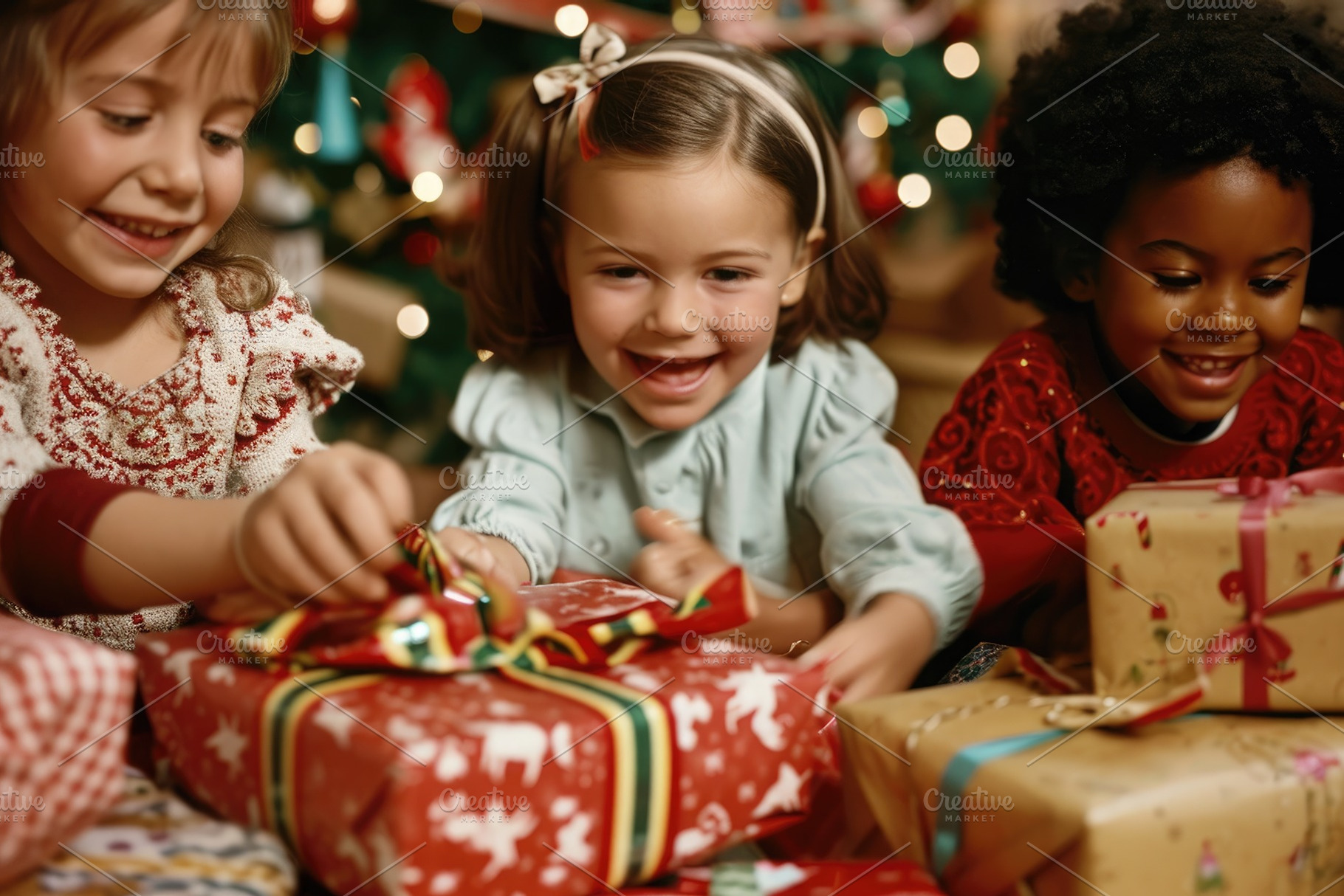 Children Opening Presents Under a Ch, a Photo by Iftikhar Alam