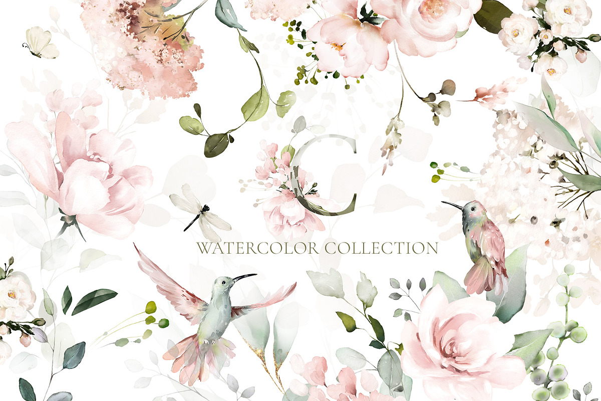 Pink watercolor flowers & herbs, an Illustration by Lisima (Photo 1 of 11)