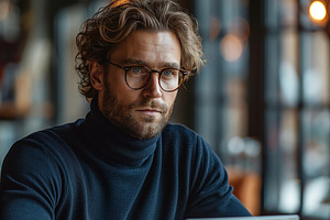 A focused Caucasian man with curly hair and glasses works on a laptop in a cozy, a Person Photo by ImageMir