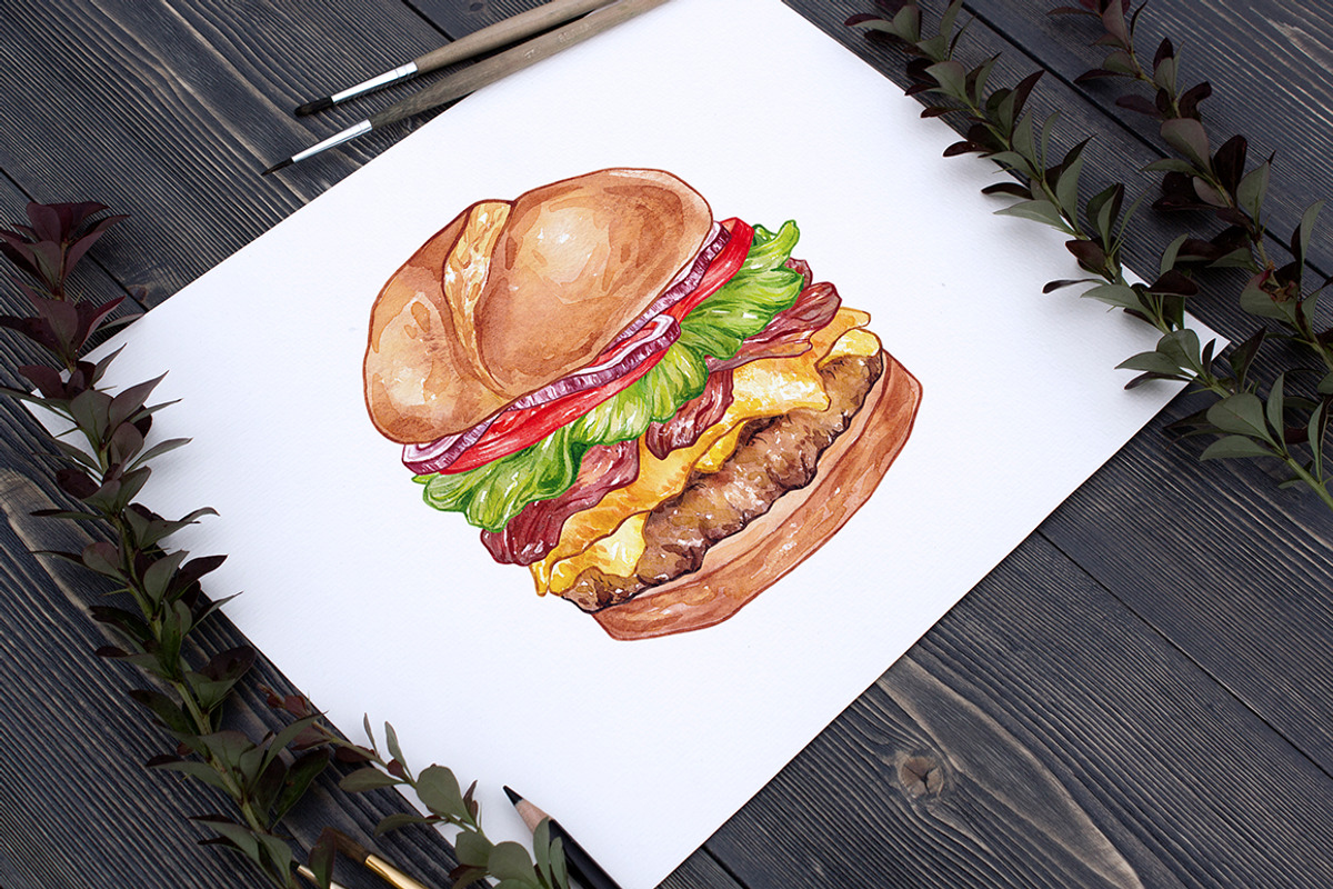 Unique Burger. Watercolor, a Food Illustration by Olga Olmix (Photo 6 of 6)