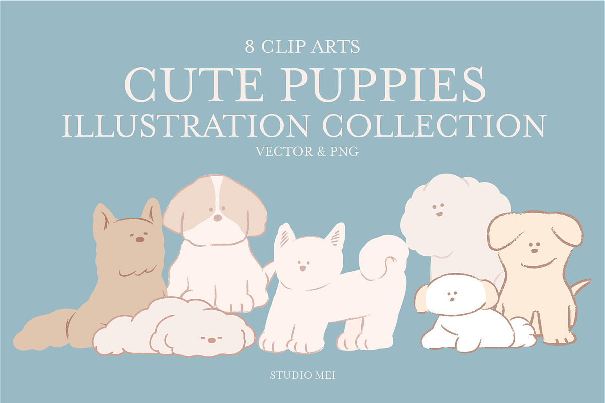 8 Cute puppies clip arts, an Animal Illustration by Studio Mei Design (Photo 1 of 4)