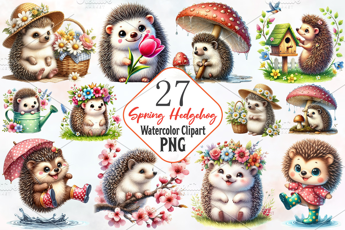 Spring Hedgehog Sublimation Clipart, an Illustration by RobertsArt (Photo 1 of 7)