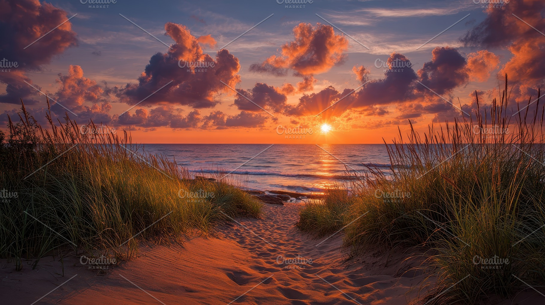 Sunset beach path sandy dune grasses, a Photo by Pixeness Studio