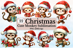 Christmas Cute Monkey Clipart Bundle, a Seasonal Illustration by Rose Art