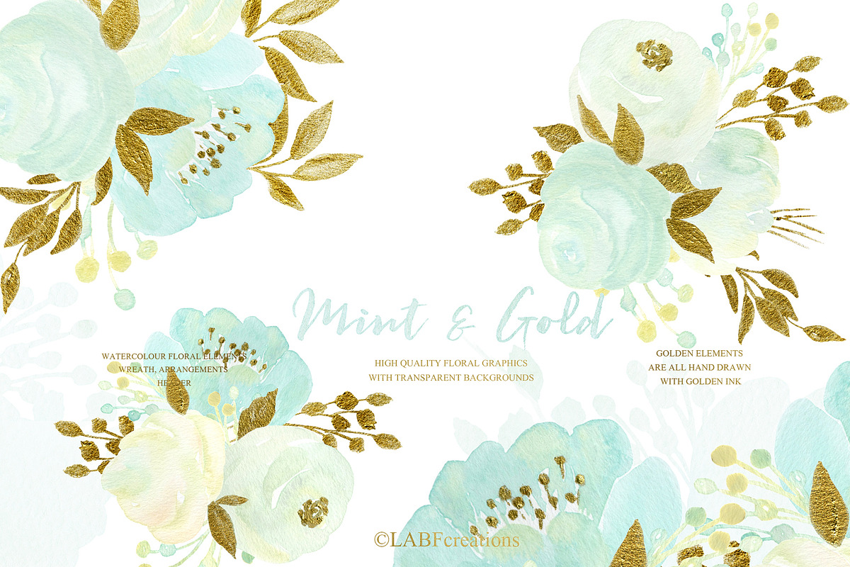 Mint and Gold. Watercolor flowers, an Illustration by LABFcreations (Photo 1 of 7)