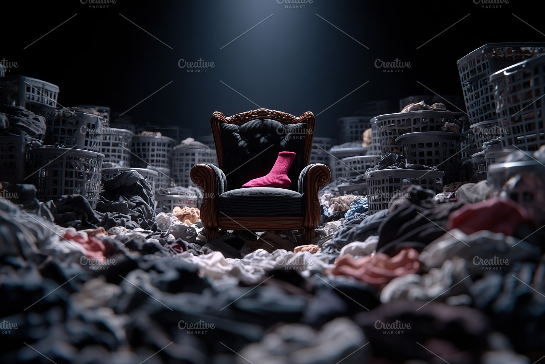 Unique artistic representation of chaos with a single pink sock in a cluttered, a Photo by AlyaAnd