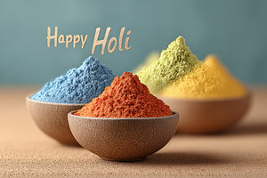 Colorful Holi powder piles in ceramic bowls on sandy surface wit, a Sports & Recreation Photo by José Manuel Gelpi