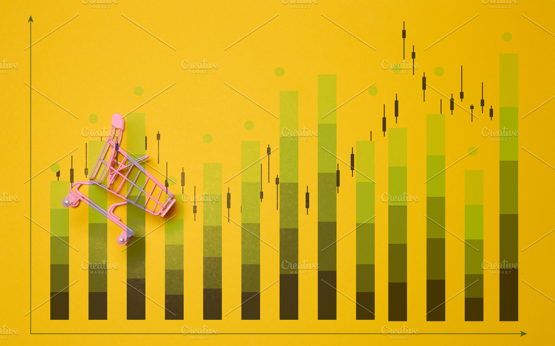 Pink shopping cart against a chart with green bars and black can, a Business Photo by ndanko