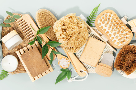 Top view photo of natural hand made soap bar and eco friendly pe, a Beauty & Fashion Photo by Natalia Klenova's Shop