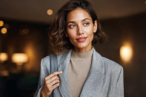 Elegant woman at upscale hotel lobby during evening hours, a Holiday Photo by OSORIOartist